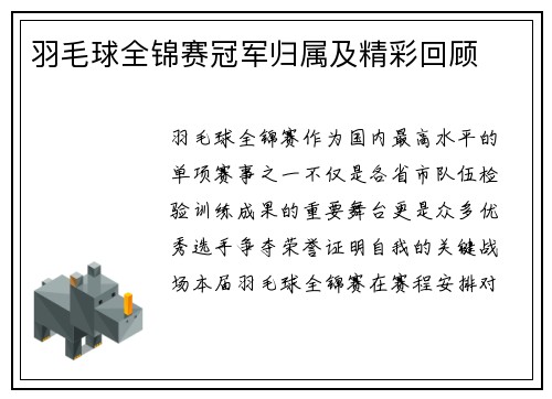 羽毛球全锦赛冠军归属及精彩回顾